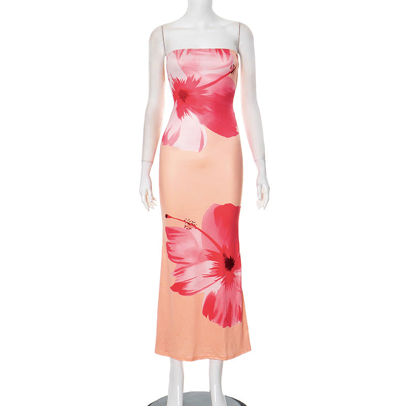 Floral print plunging V-neck long dress