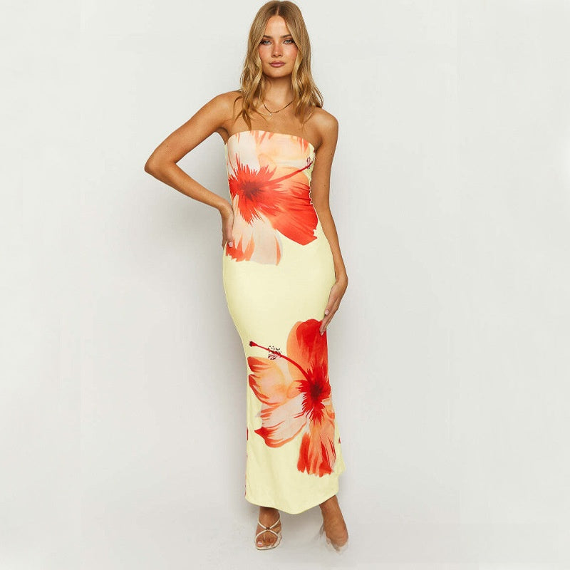 Floral print plunging V-neck long dress