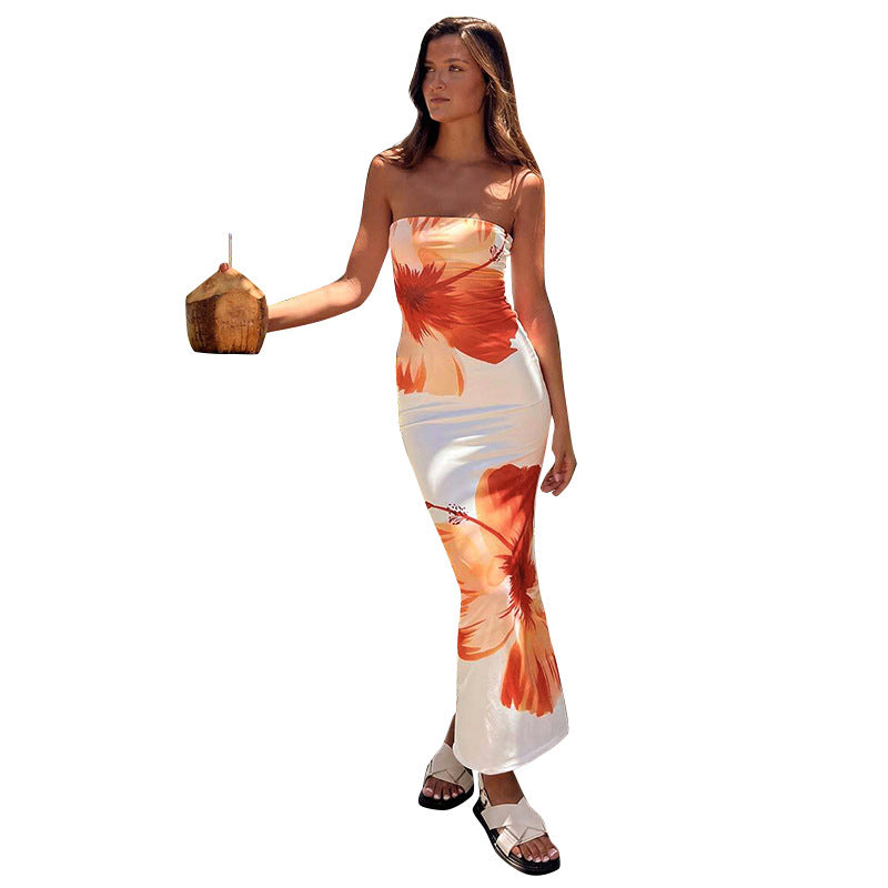 Floral print plunging V-neck long dress