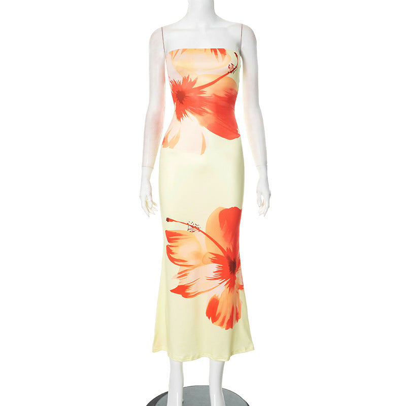 Floral print plunging V-neck long dress