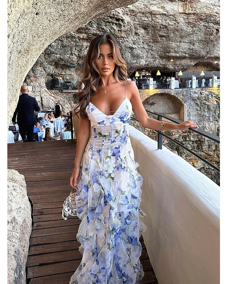 Floral Print Ruffled Sleeveless Dress