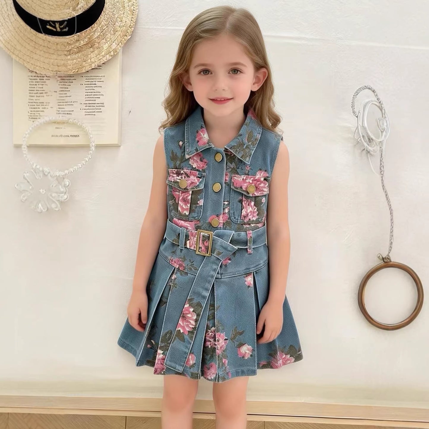 Floral Print Sleeveless Denim Dress for Girls