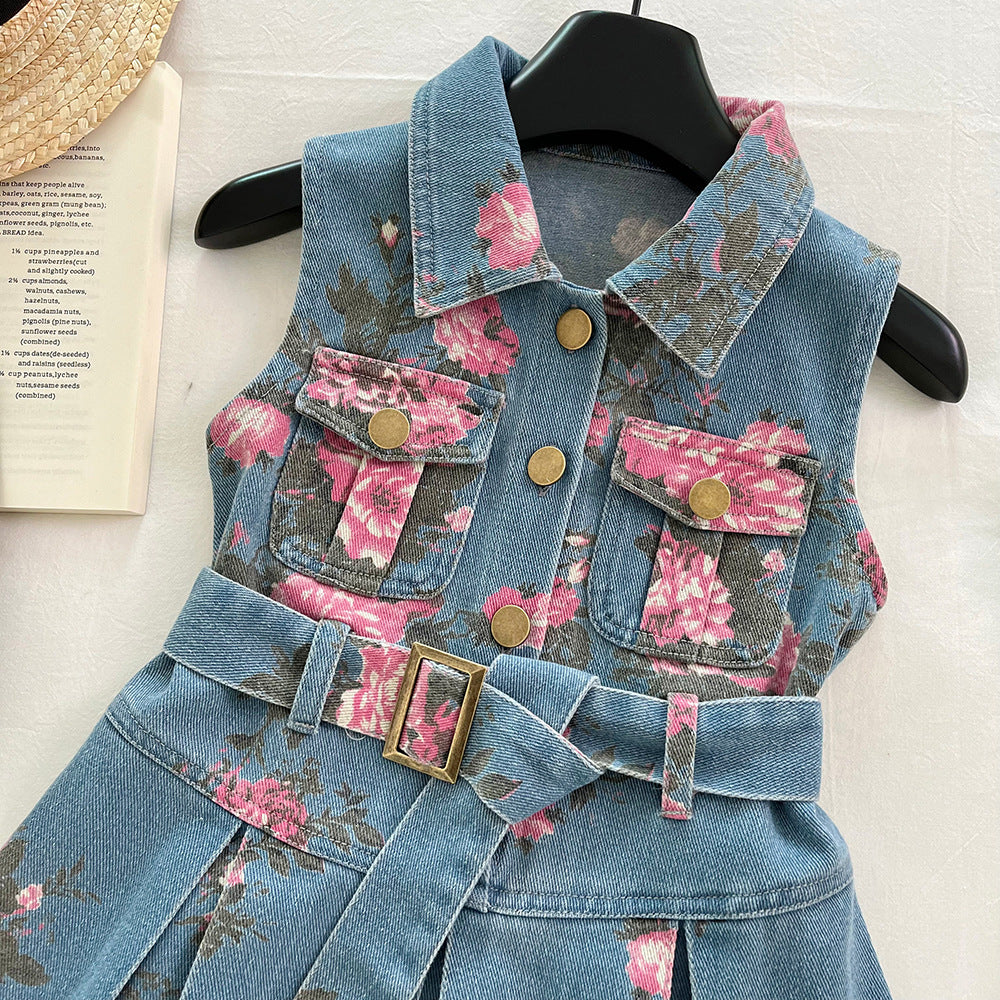 Floral Print Sleeveless Denim Dress for Girls