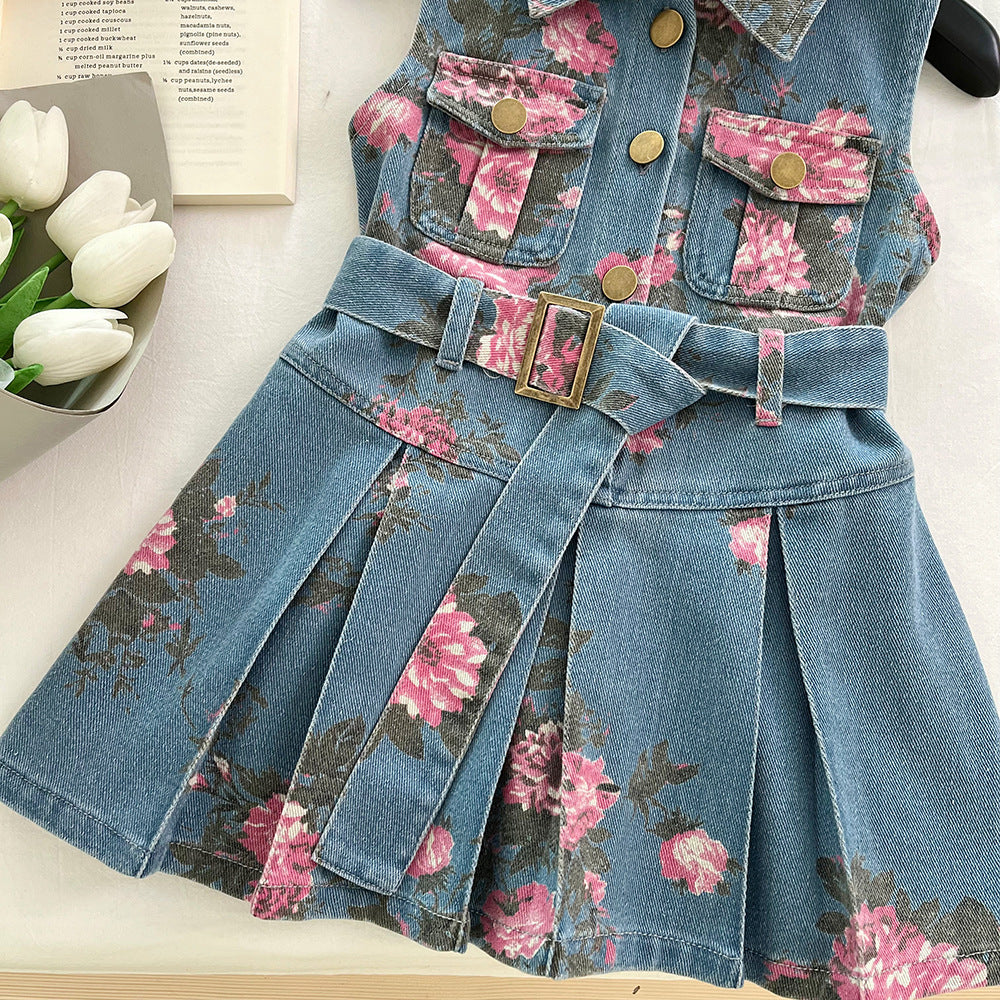 Floral Print Sleeveless Denim Dress for Girls