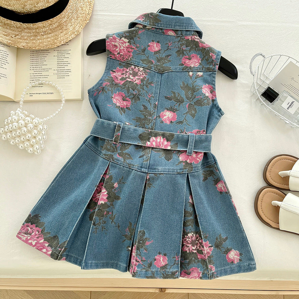 Floral Print Sleeveless Denim Dress for Girls