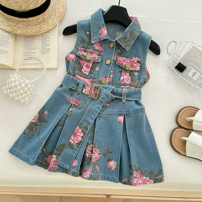 Floral Print Sleeveless Denim Dress for Girls