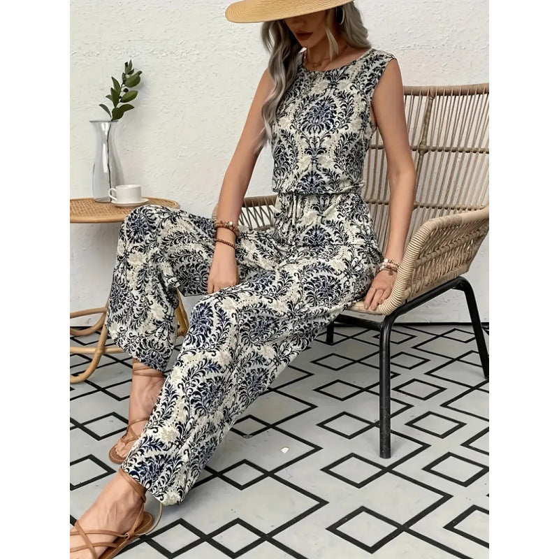 Floral Print Sleeveless Top and Wide-Leg Pants Set