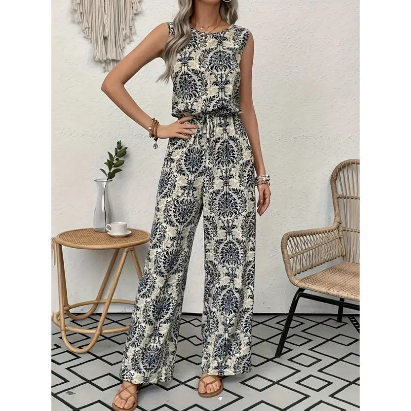 Floral Print Sleeveless Top and Wide-Leg Pants Set