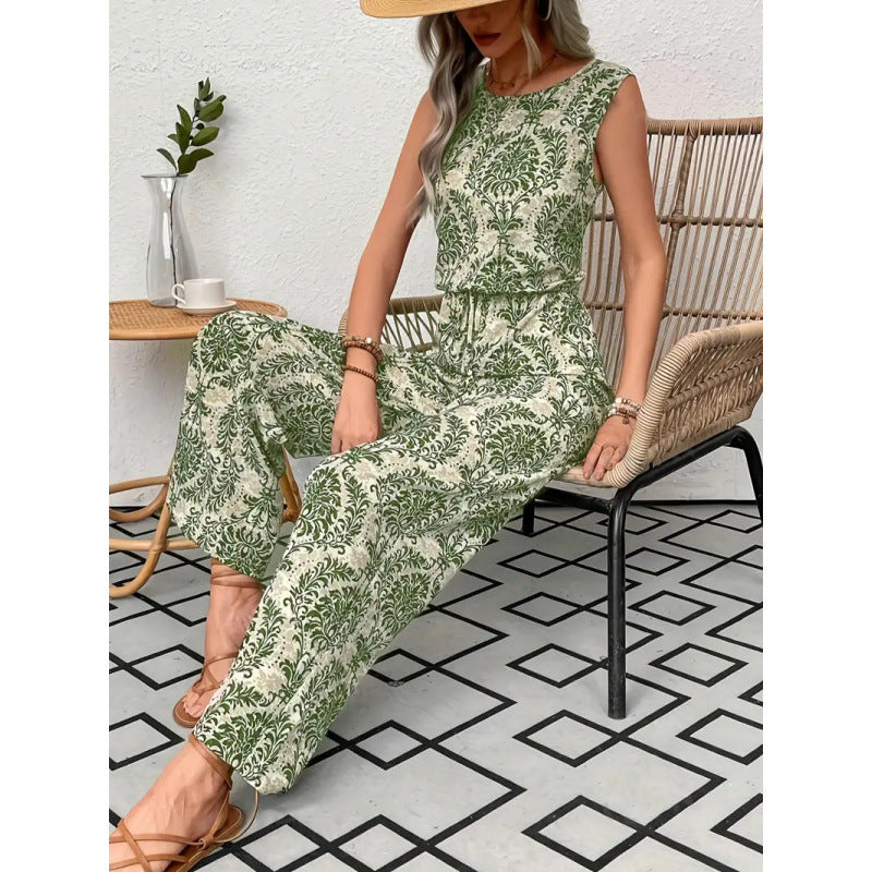 Floral Print Sleeveless Top and Wide-Leg Pants Set