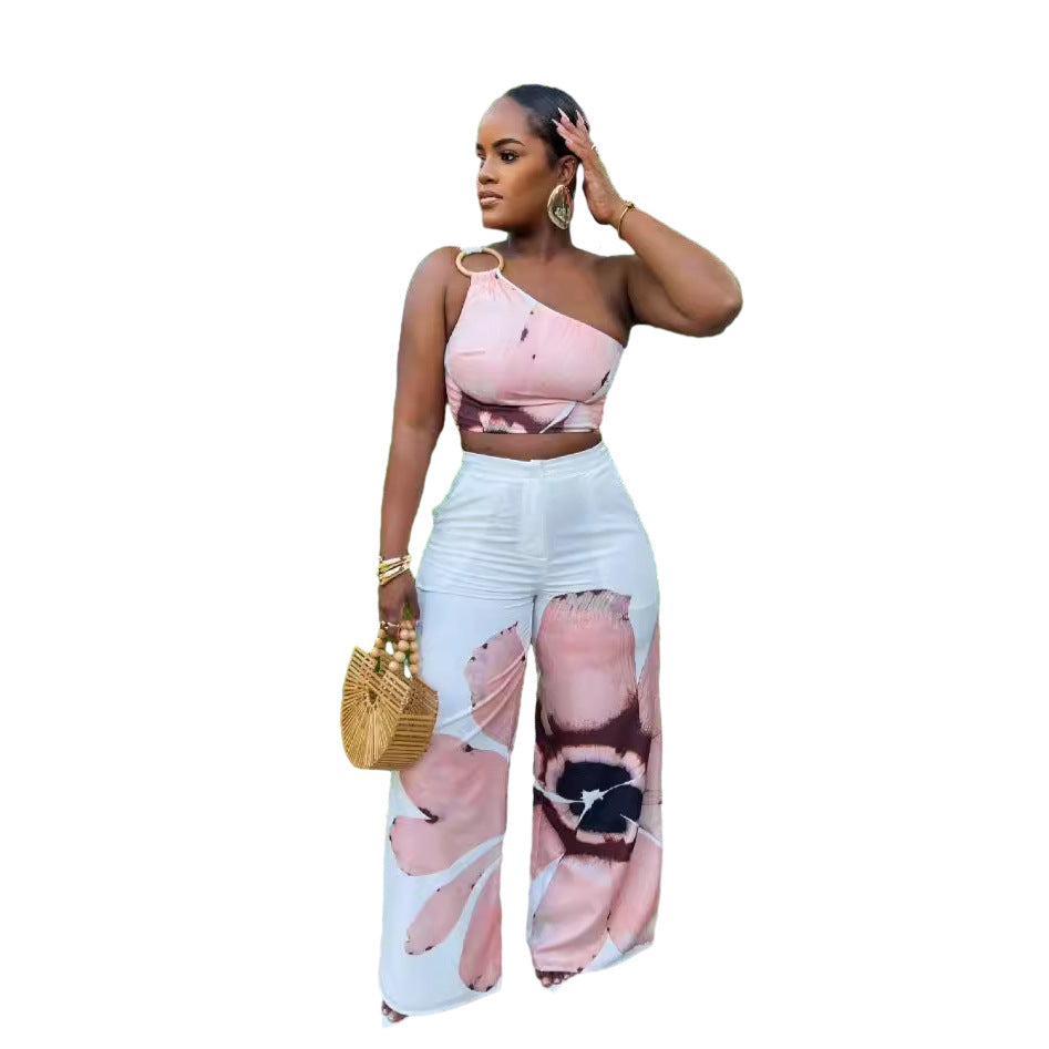 Floral Print Slim-fit Women's Two-piece Pants Set
