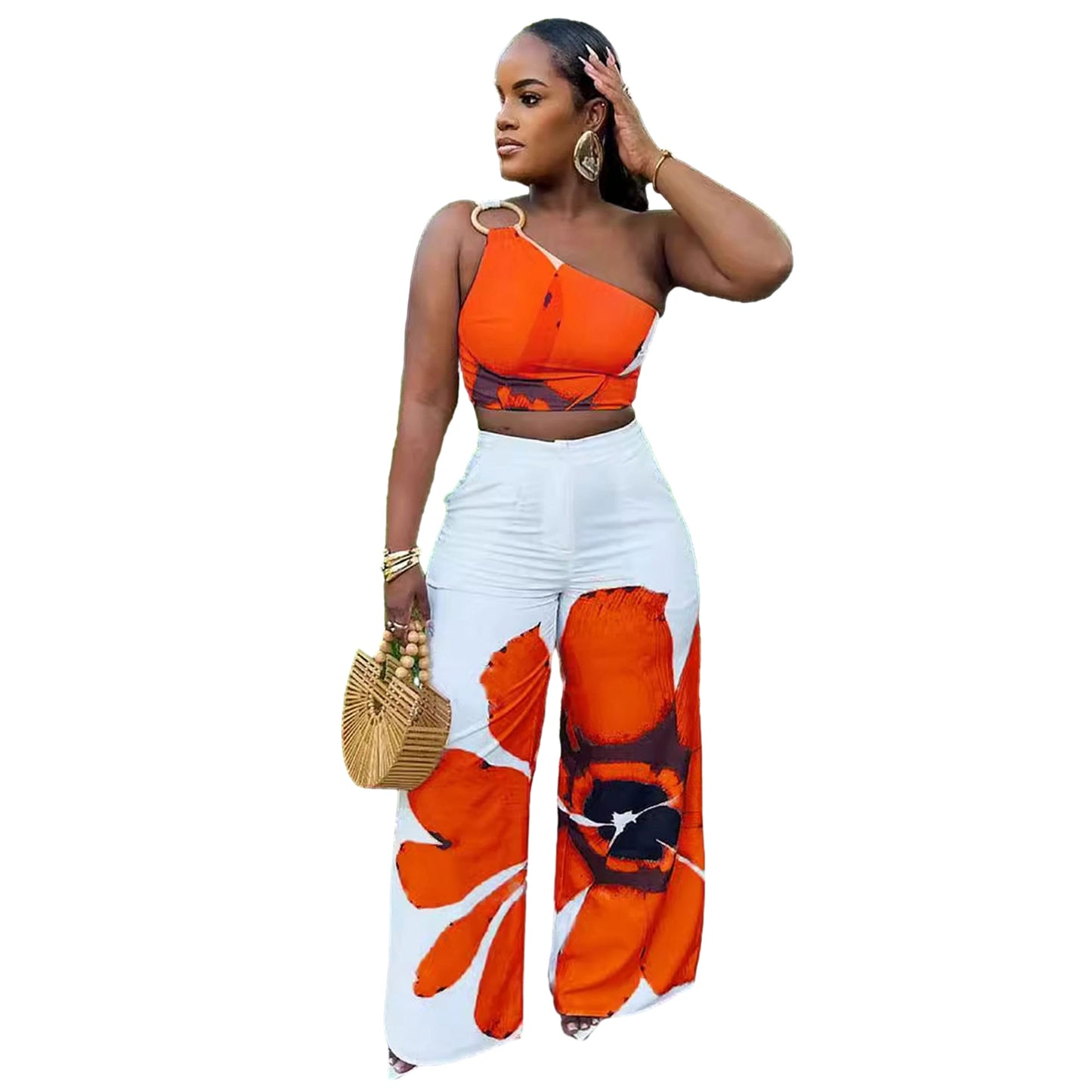 Floral Print Slim-fit Women's Two-piece Pants Set