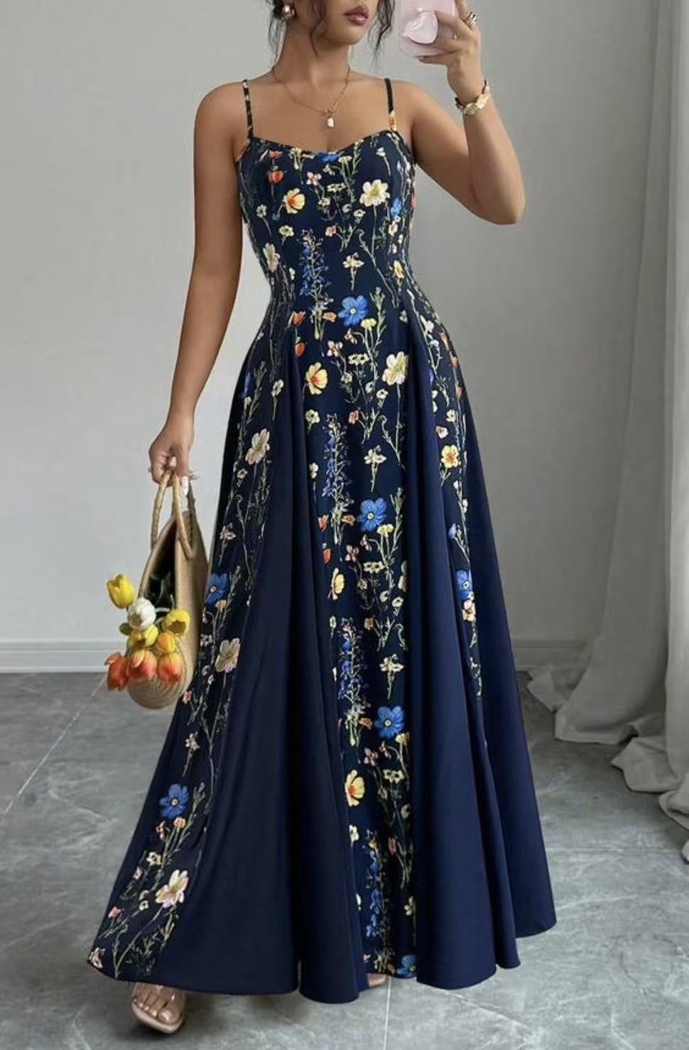Floral Print Sling Dress with Adjustable Strap