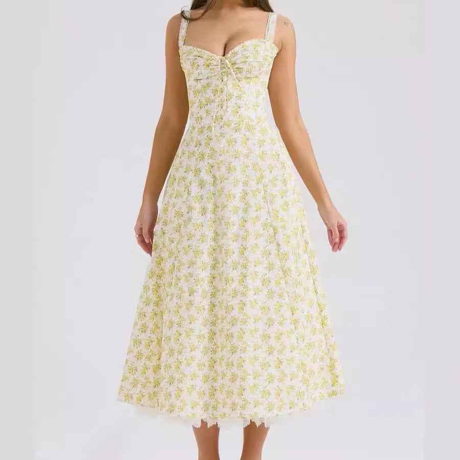 Floral Print Sling Dress with Lace Trim