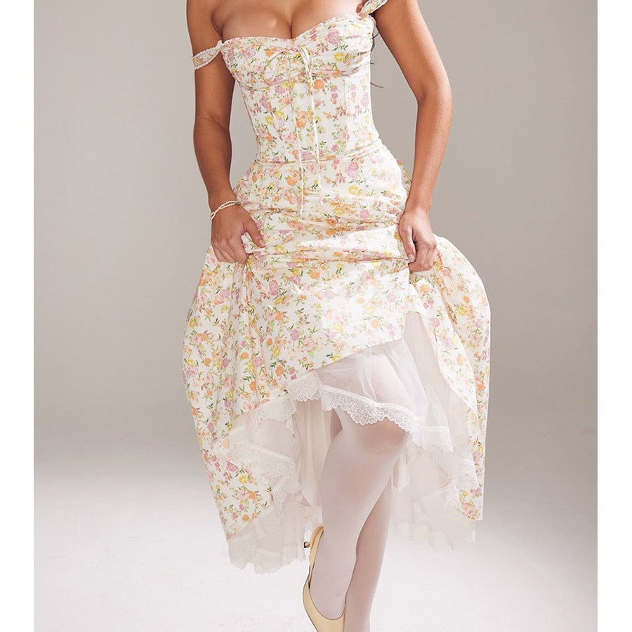 Floral Print Sling Dress with Lace Trim