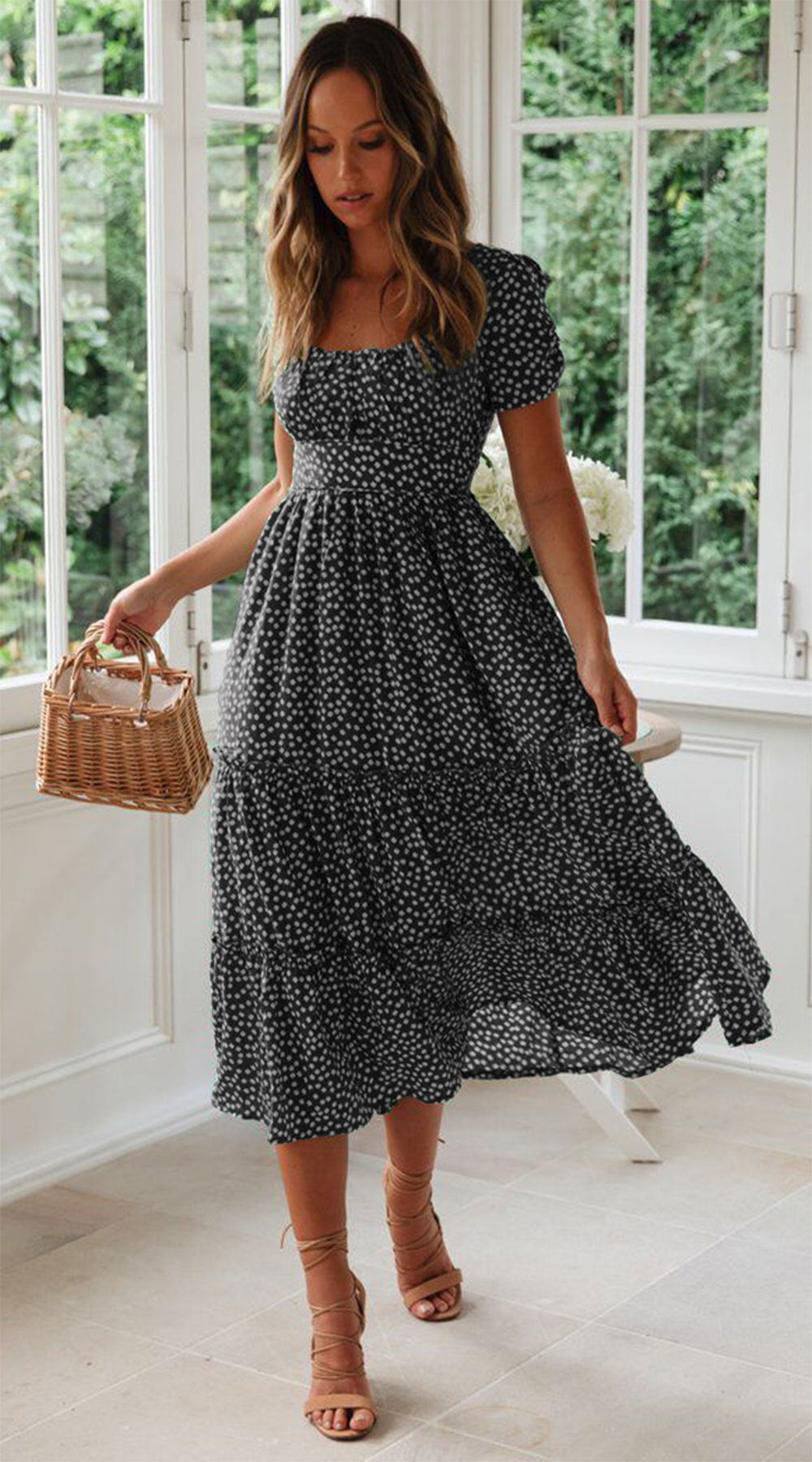 Floral Print Square Neck Puff Sleeve Dress