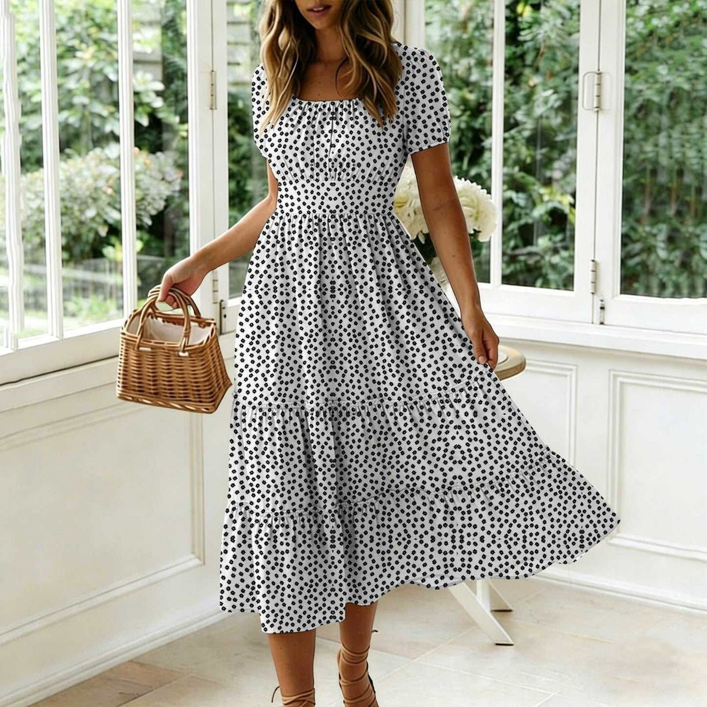 Floral Print Square Neck Puff Sleeve Dress