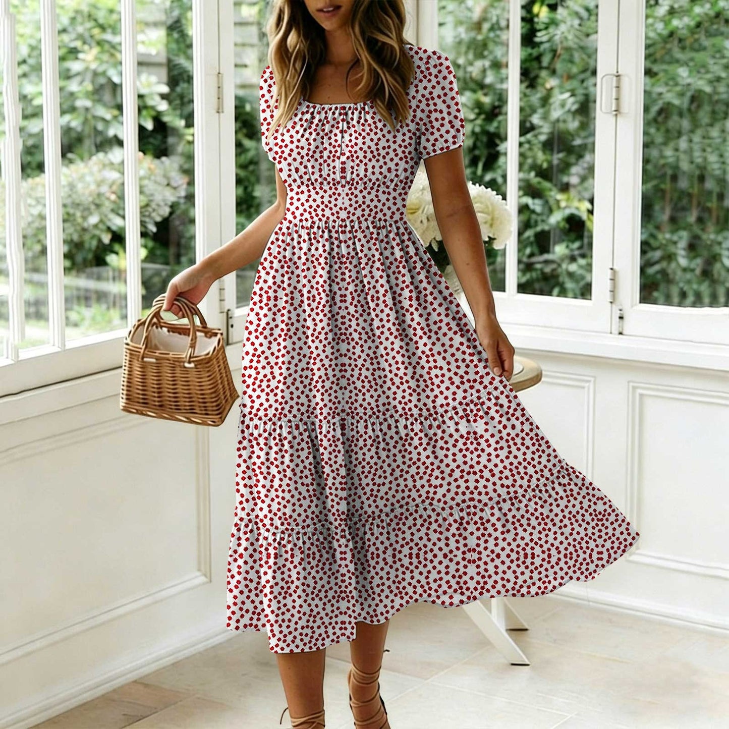 Floral Print Square Neck Puff Sleeve Dress