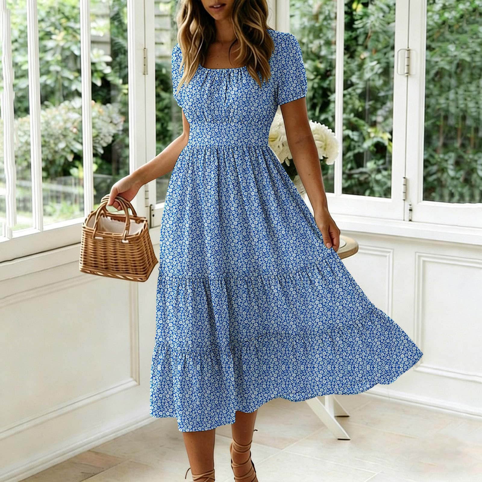Floral Print Square Neck Puff Sleeve Dress