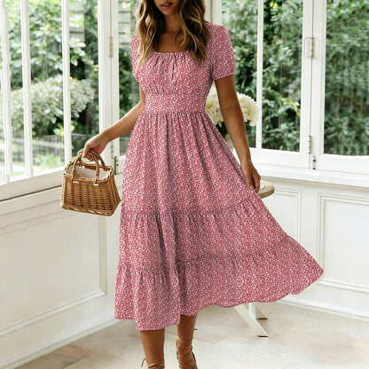 Floral Print Square Neck Puff Sleeve Dress