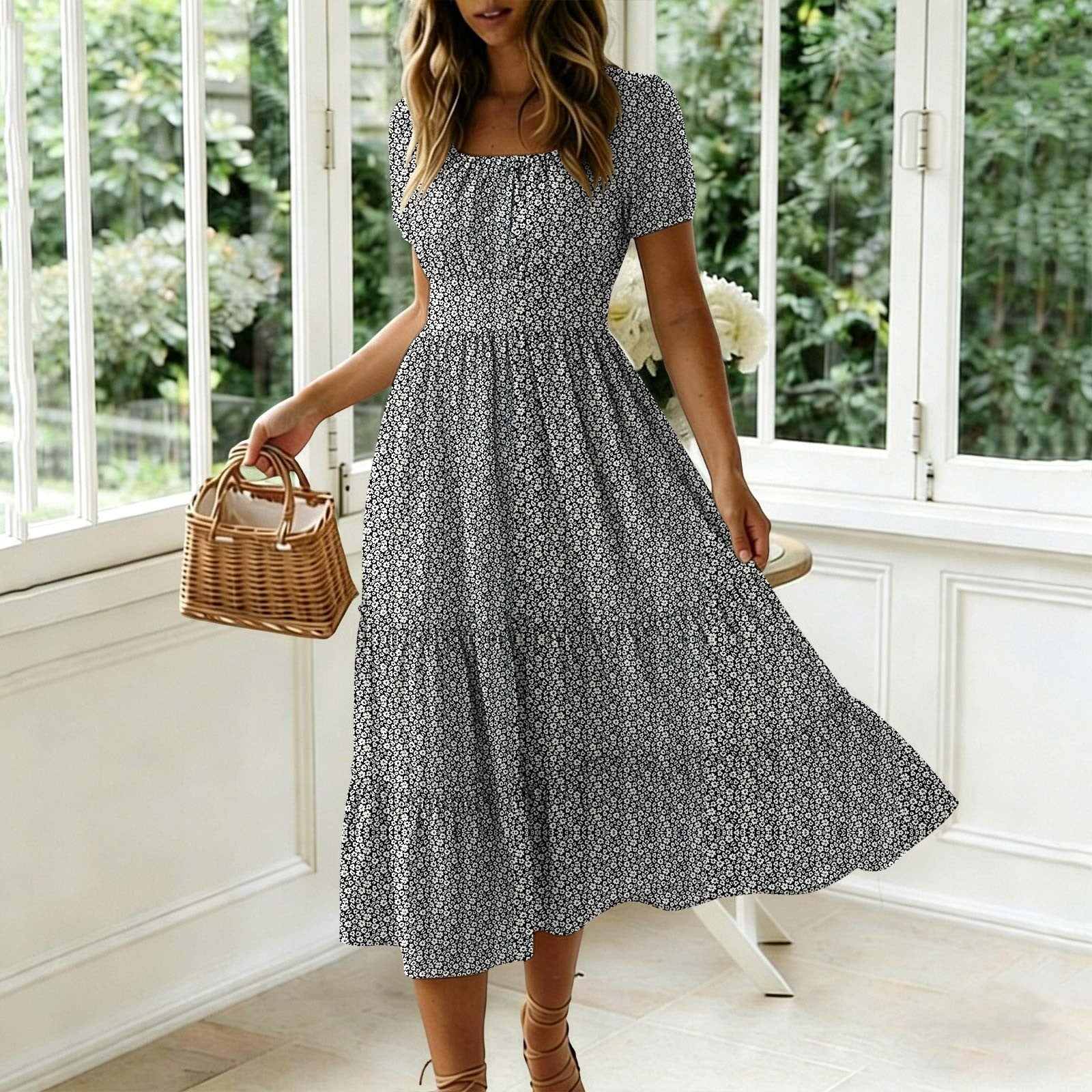 Floral Print Square Neck Puff Sleeve Dress