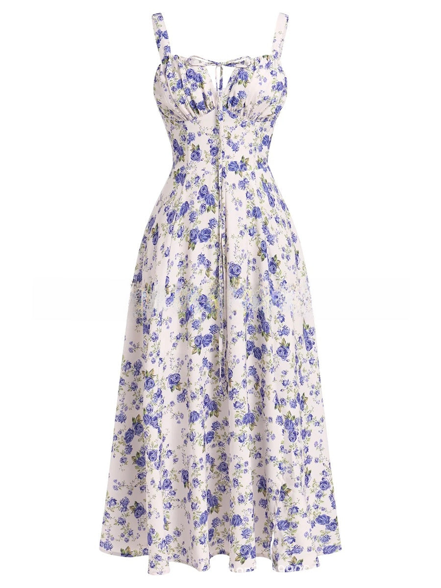 Floral Print Suspender Mid-Length Skirt