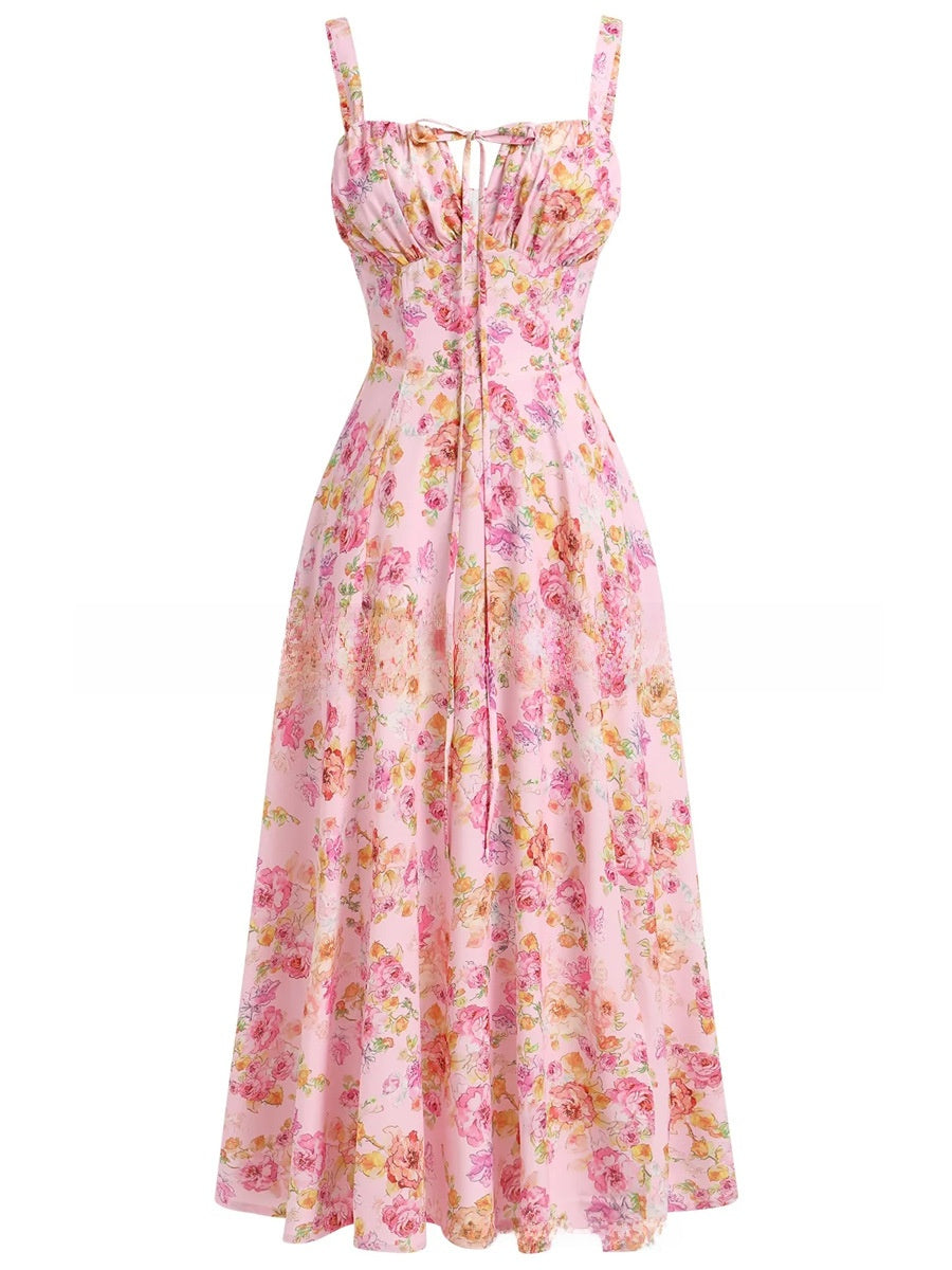 Floral Print Suspender Mid-Length Skirt
