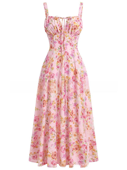 Floral Print Suspender Mid-Length Skirt