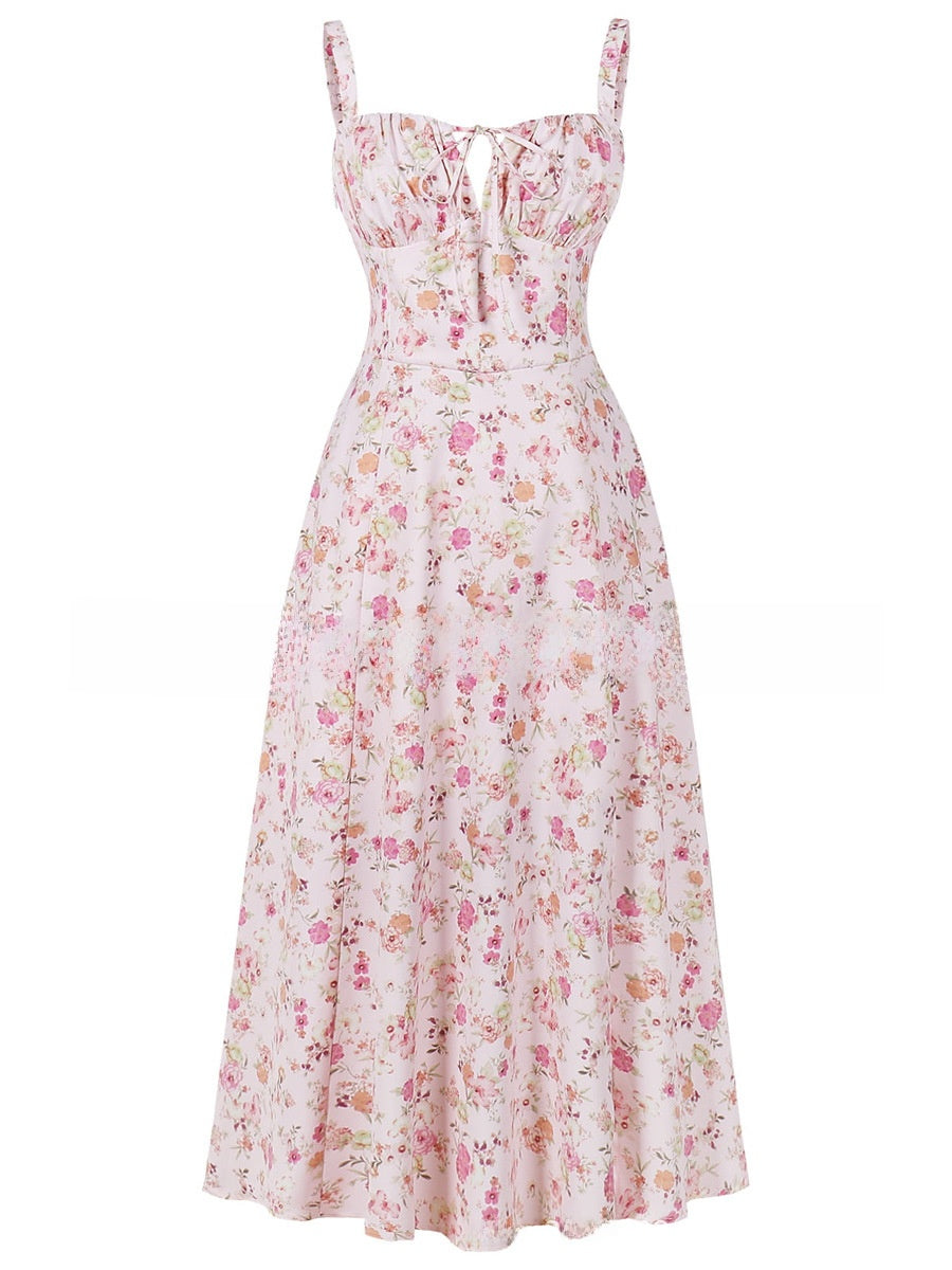 Floral Print Suspender Mid-Length Skirt
