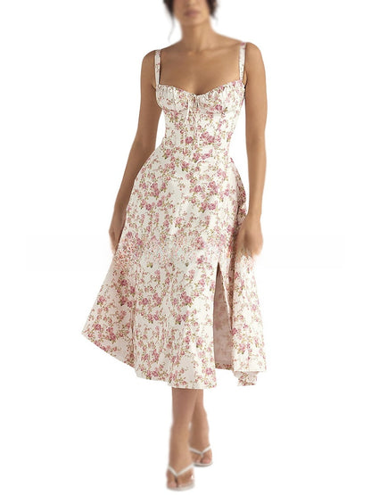 Floral Print Suspender Mid-Length Skirt