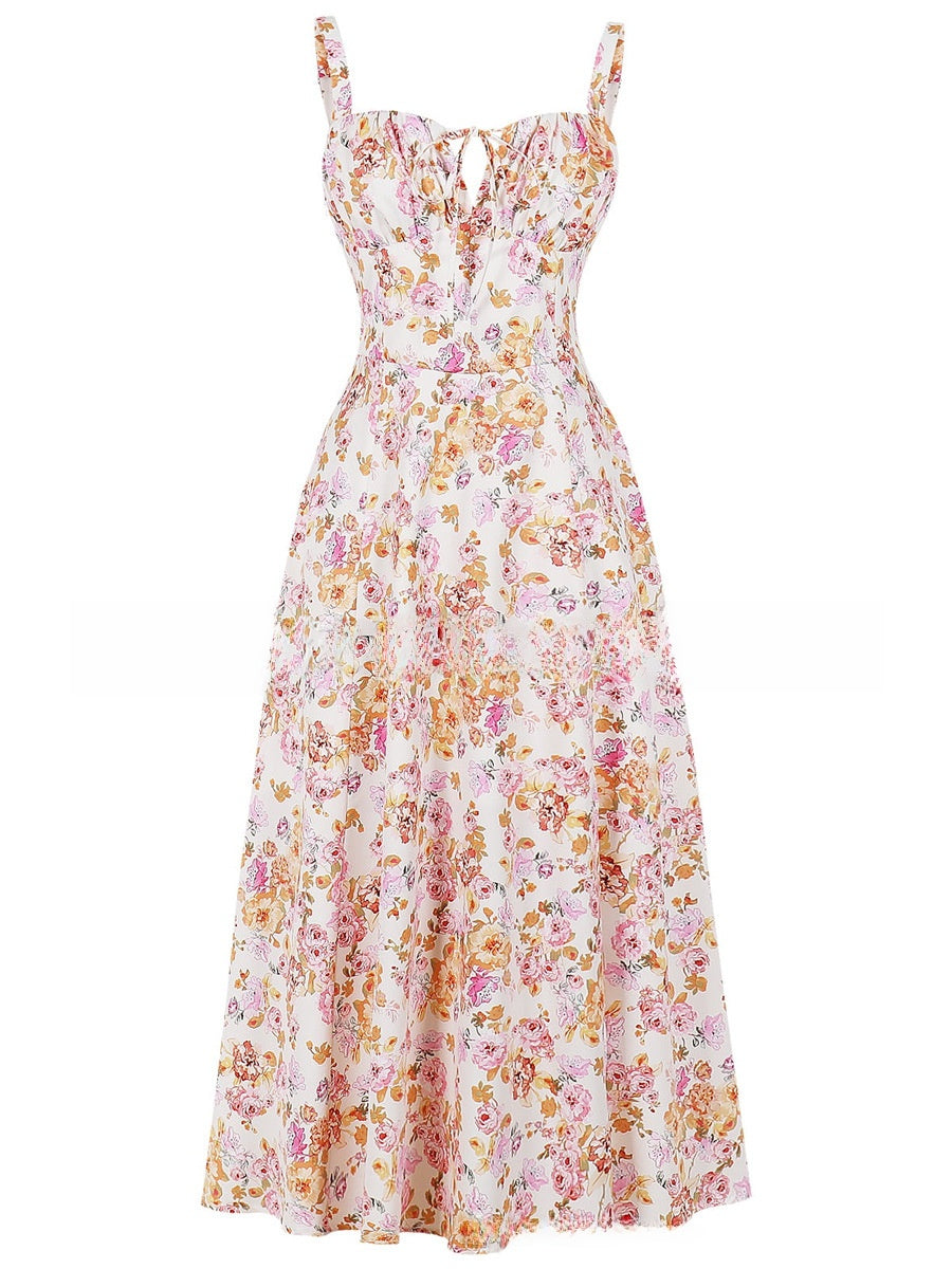 Floral Print Suspender Mid-Length Skirt
