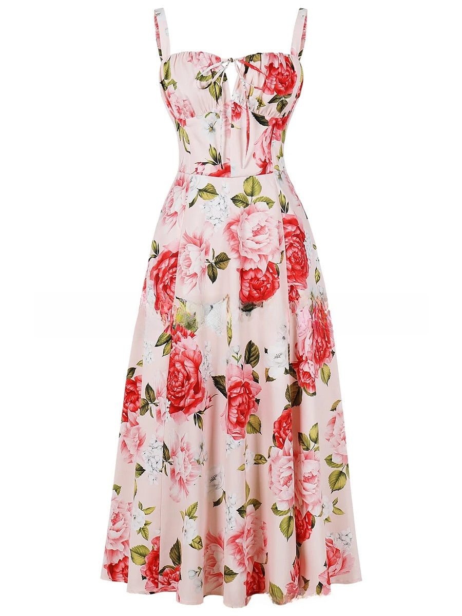 Floral Print Suspender Mid-Length Skirt