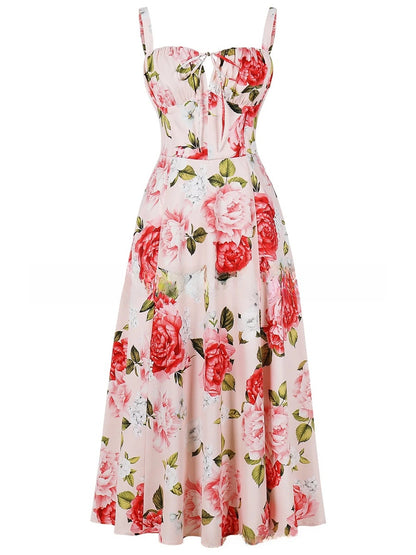 Floral Print Suspender Mid-Length Skirt