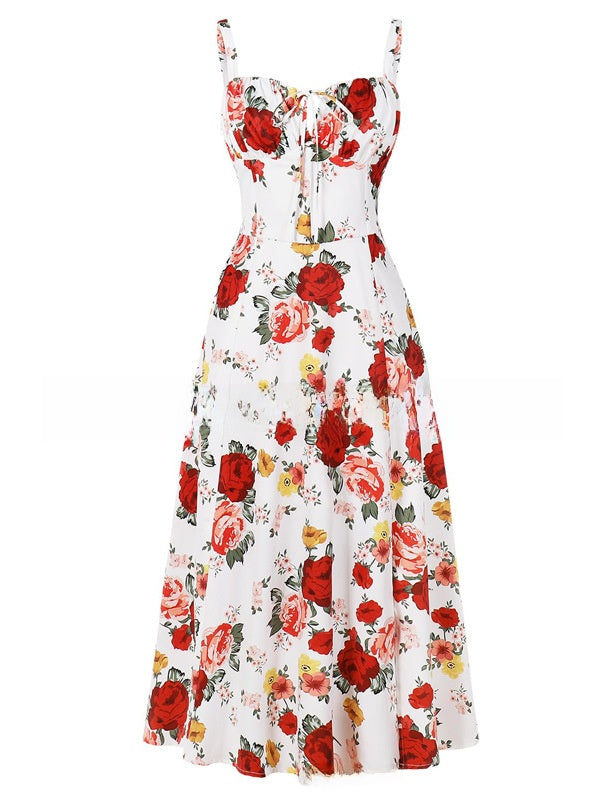 Floral Print Suspender Mid-Length Skirt