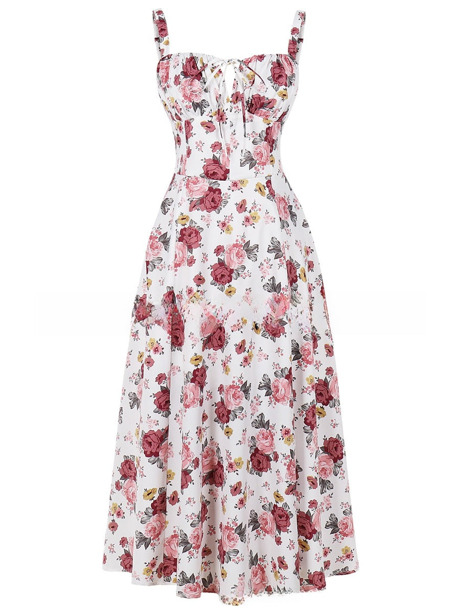 Floral Print Suspender Mid-Length Skirt