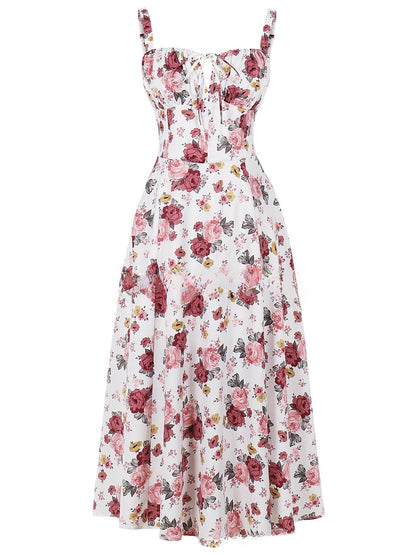 Floral Print Suspender Mid-Length Skirt