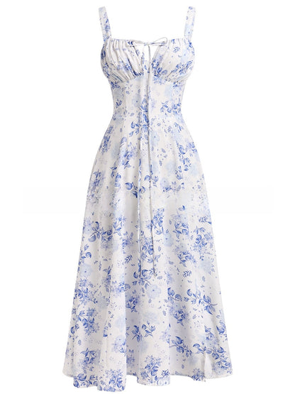 Floral Print Suspender Mid-Length Skirt