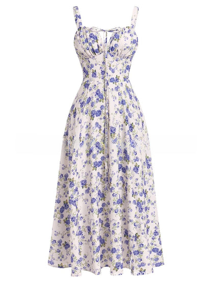 Floral Print Suspender Mid-Length Skirt