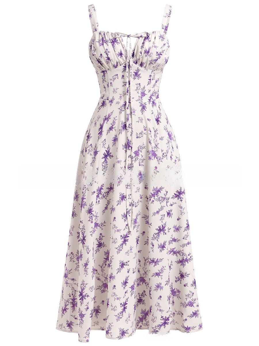 Floral Print Suspender Mid-Length Skirt