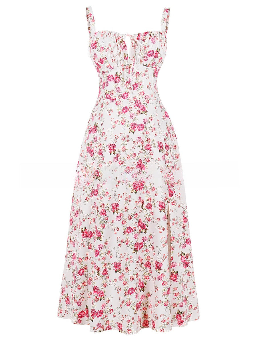 Floral Print Suspender Mid-Length Skirt