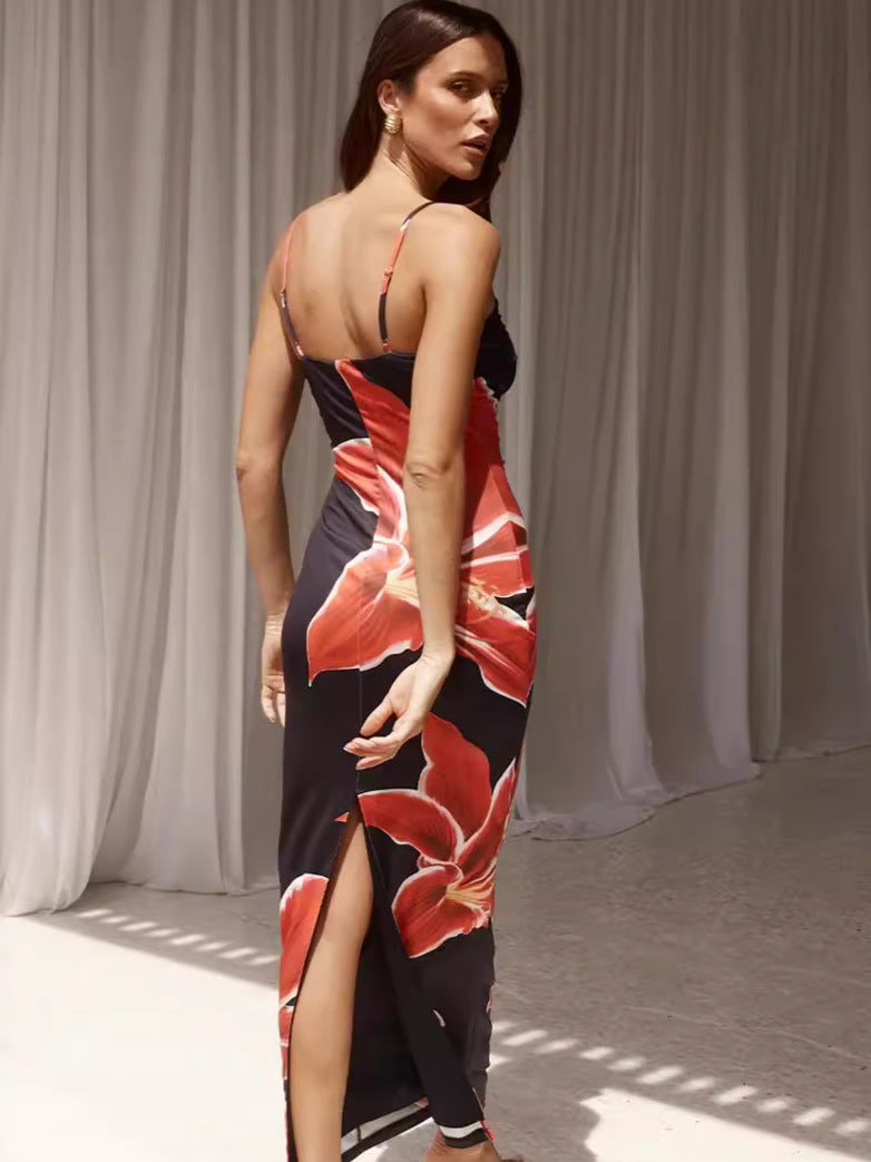Floral Print Suspender Slit Dress