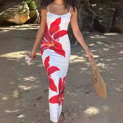 Floral Print Suspender Slit Dress