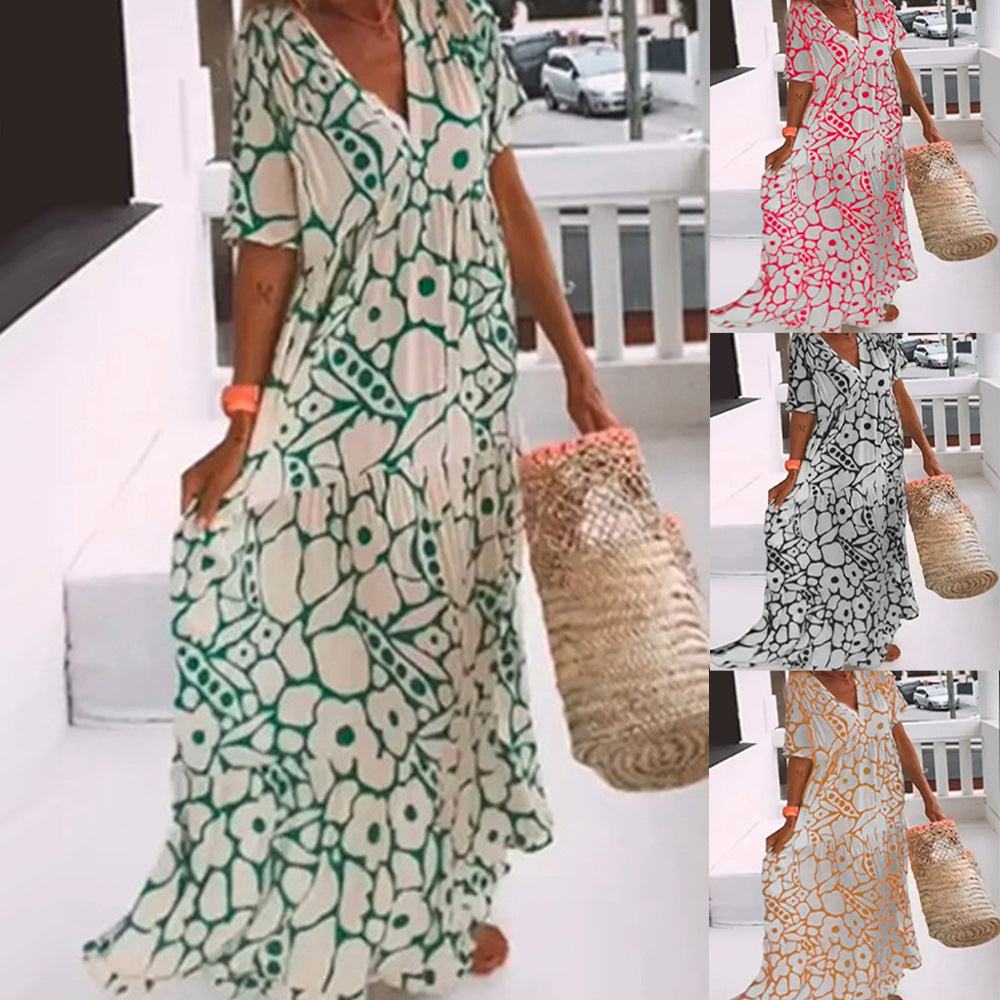 Floral Print V-Neck A-Line Midi Dress