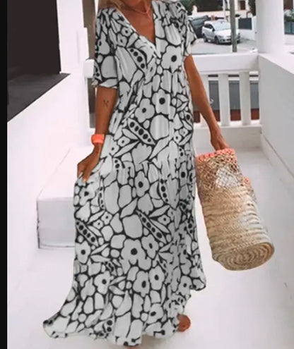 Floral Print V-Neck A-Line Midi Dress