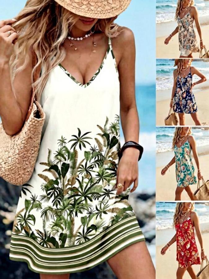 Floral Print V-Neck Adjustable Strap Dress
