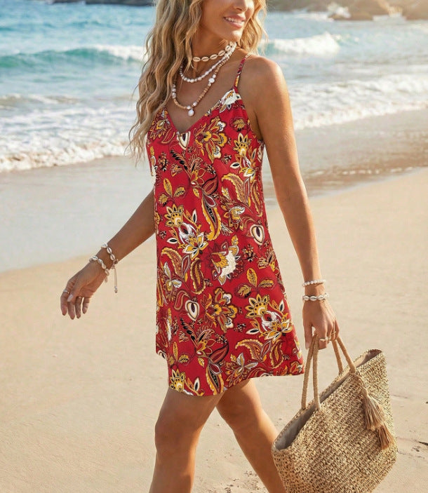 Floral Print V-Neck Adjustable Strap Dress