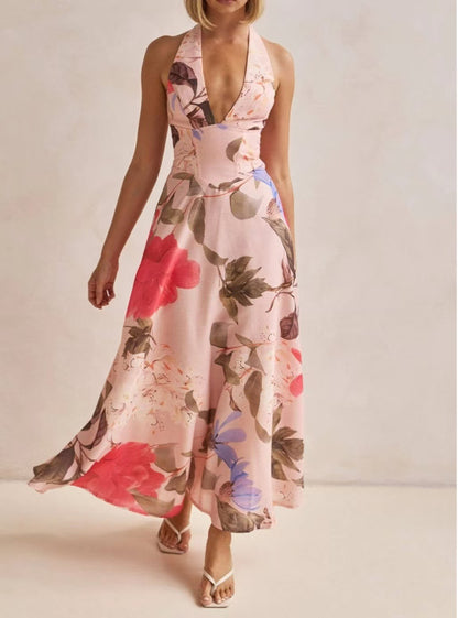 Floral Print V-Neck Backless Long Dress