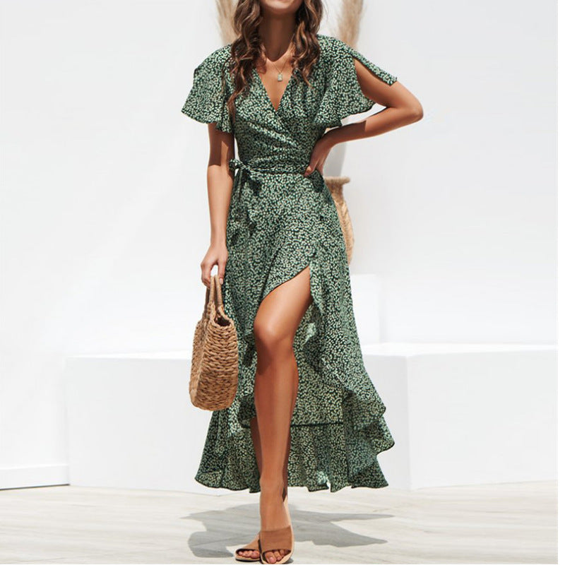 Floral Print V-neck Chiffon Dress
