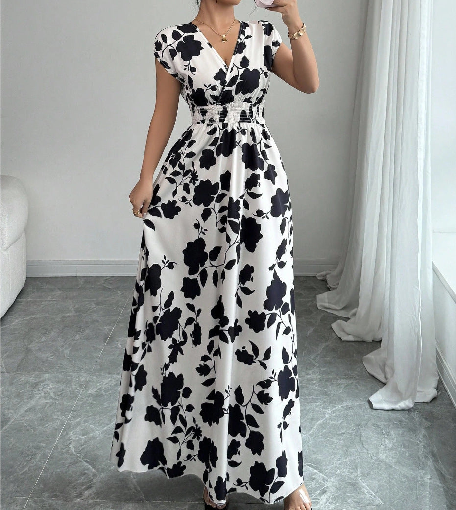 Floral Print V-Neck Lace-Up A-Line Dress