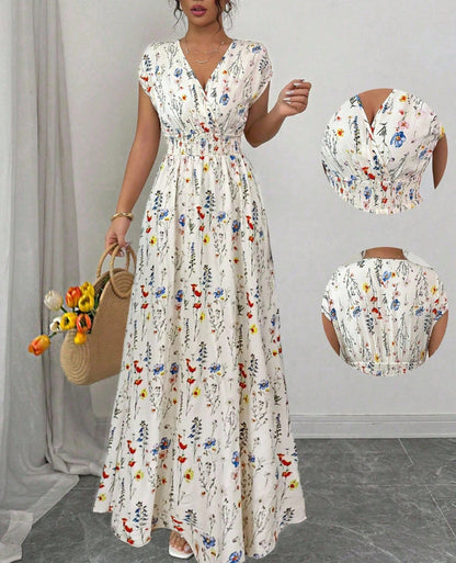 Floral Print V-Neck Lace-Up A-Line Dress