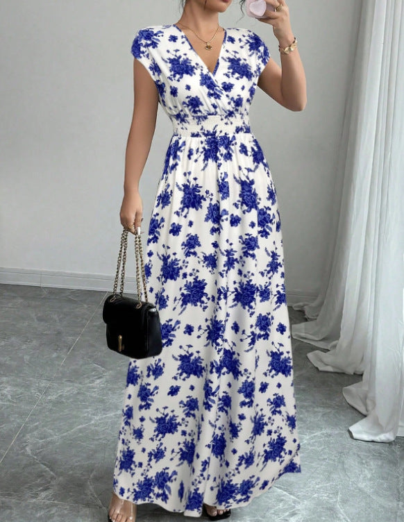 Floral Print V-Neck Lace-Up A-Line Dress